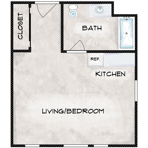 Floor plan for studio, 1 bath, 313 sqft